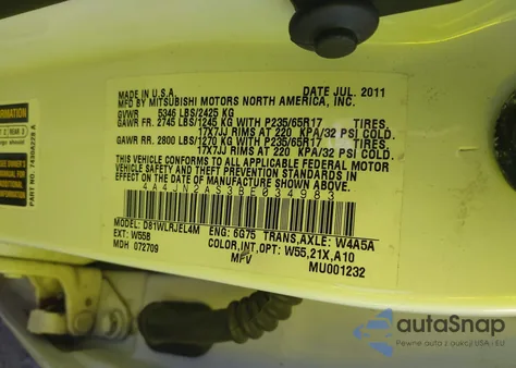 2011 Mitsubishi Endeavor из США, поврежденный, VIN 4A4JN2AS3BE034983